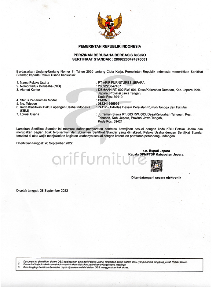 Standard Certificates Arif Furniture Jepara